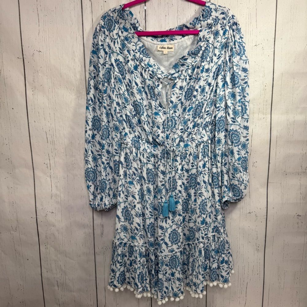 Celina Moon Blue Floral Tassel Mini Dress Boho Resortwear Pom Pom Hem Cottage